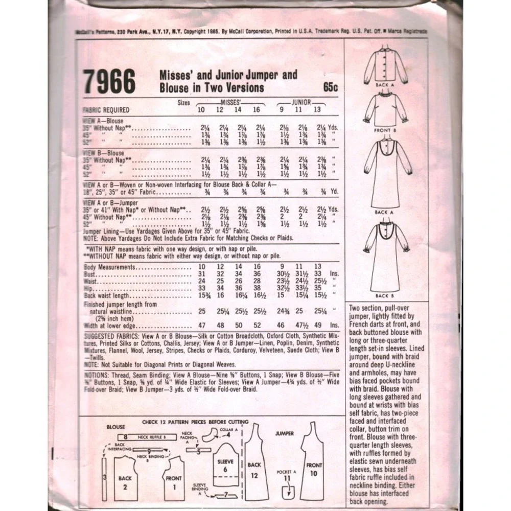 Vintage 1965 McCalls 7966 Jumper‎ and Blouse Sewing Pattern Size 10 Bust 31 Mod